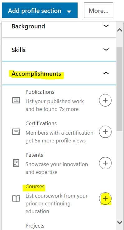 how to show completed coursework on linkedin